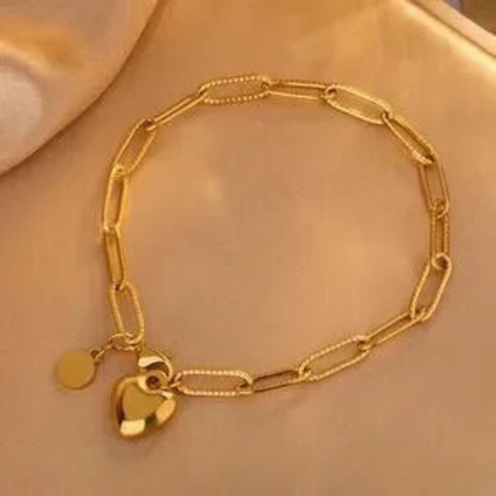 Gold Stainless Steel Paperclip Heart Bracelet C Minimalist Chain